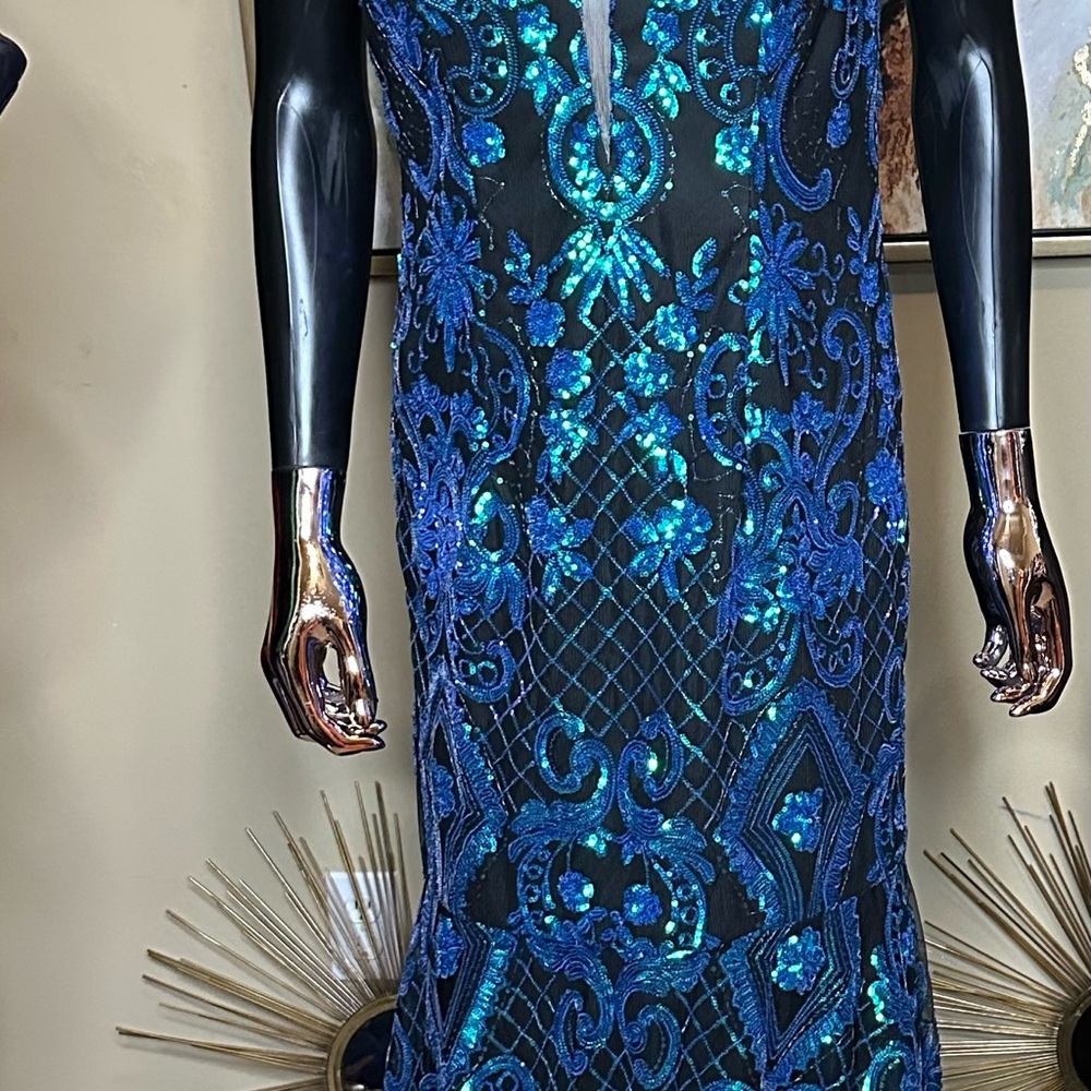 Dave & Johnny Blue and Black Sequin Prom Dress